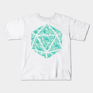 Neon Aqua Blue Gradient Rose Vintage Pattern Silhouette D20 - Subtle Dungeons and Dragons Design Kids T-Shirt